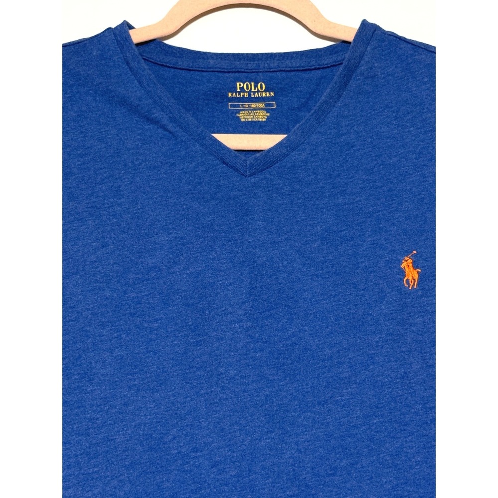 Polo Ralph Lauren Mens Large Blue V-Neck T-Shirt Orange Pony Logo